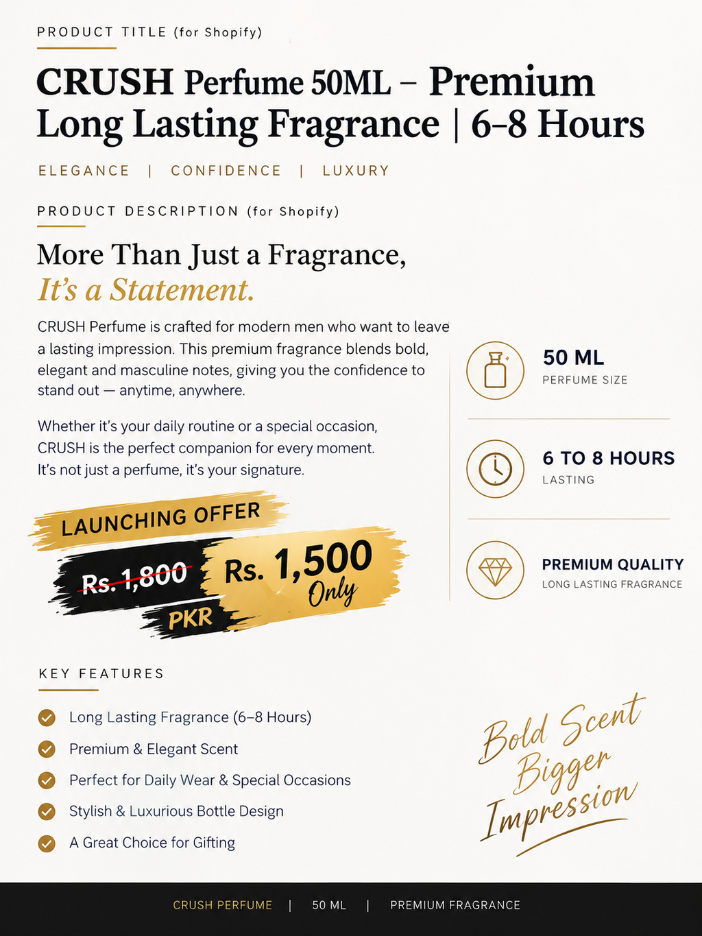 CRUSH Premium Perfume for Men – 50 ML | Long Lasting Fragrance