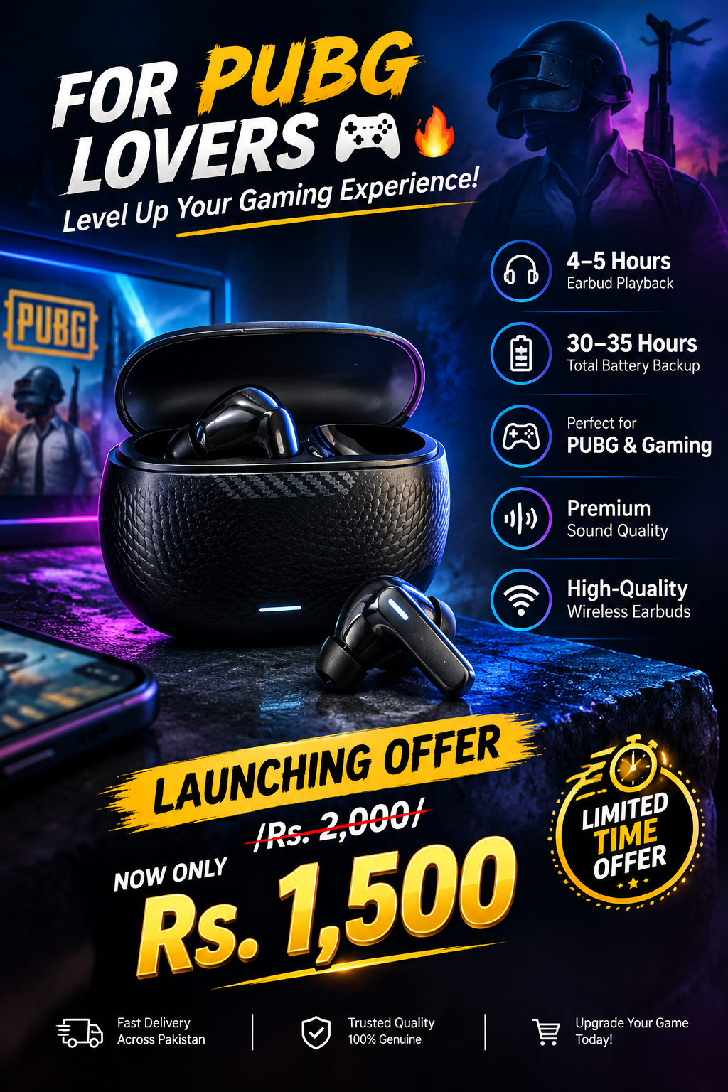 Premium Wireless Gaming Earbuds | 4–5 Hours Playback | PUBG & Gaming